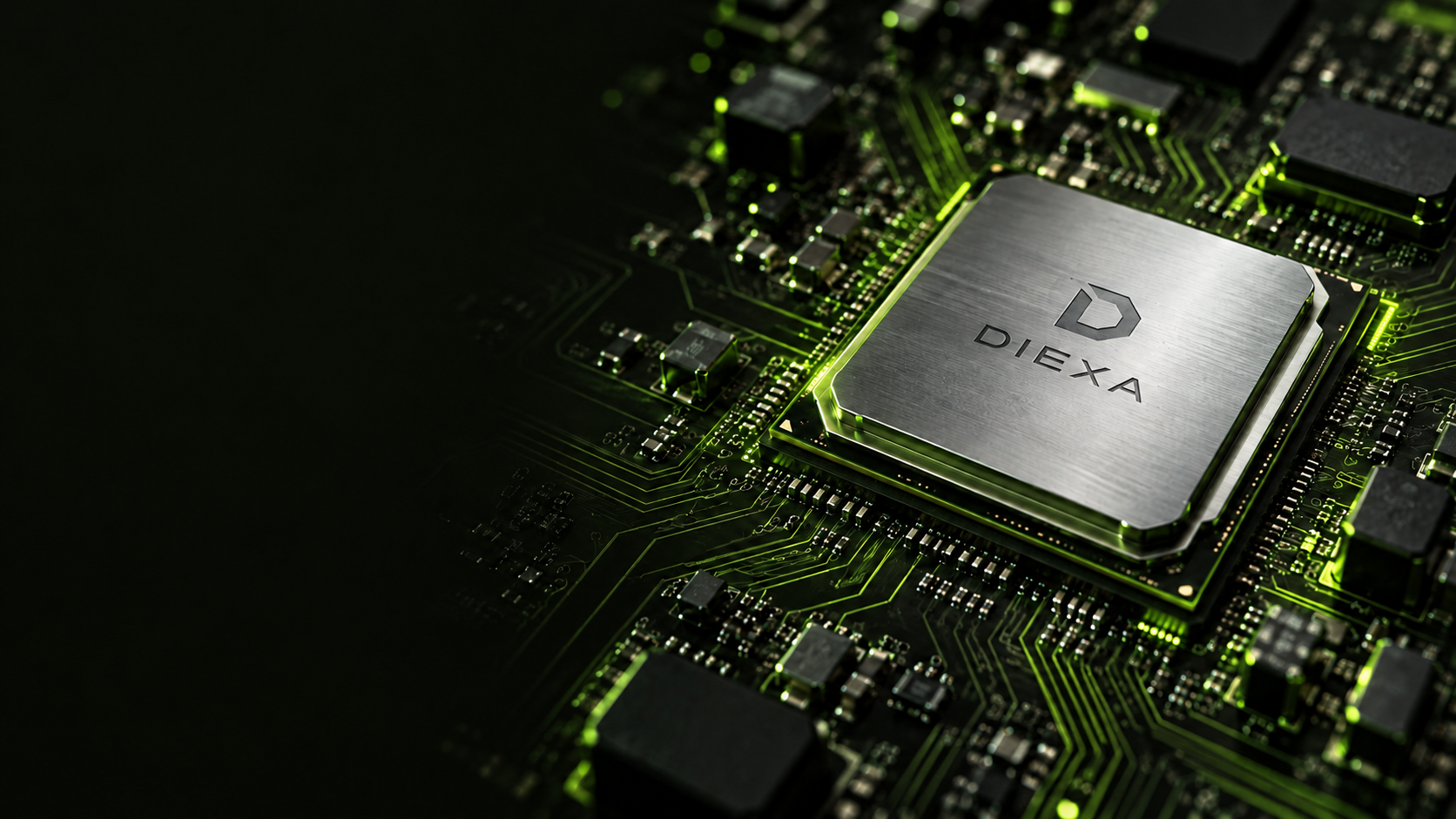 Realistic DIEXA processor with brushed silver metal and green-lit motherboard